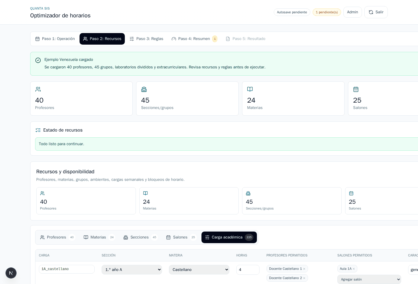 Interfaz del optimizador de horarios de Quanta